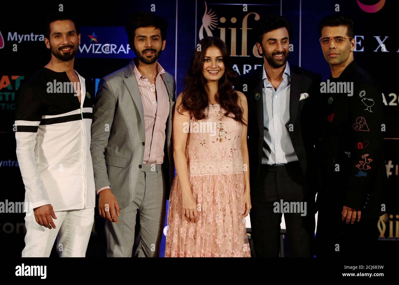 Bollywood Actors Shahid Kapoor Kartik Aaryan Dia Mirza Ranbir Kapoor And Director Karan Johar Pose For Photographers During A News Conference Organized By International Indian Film Academy Iifa In New Delhi India