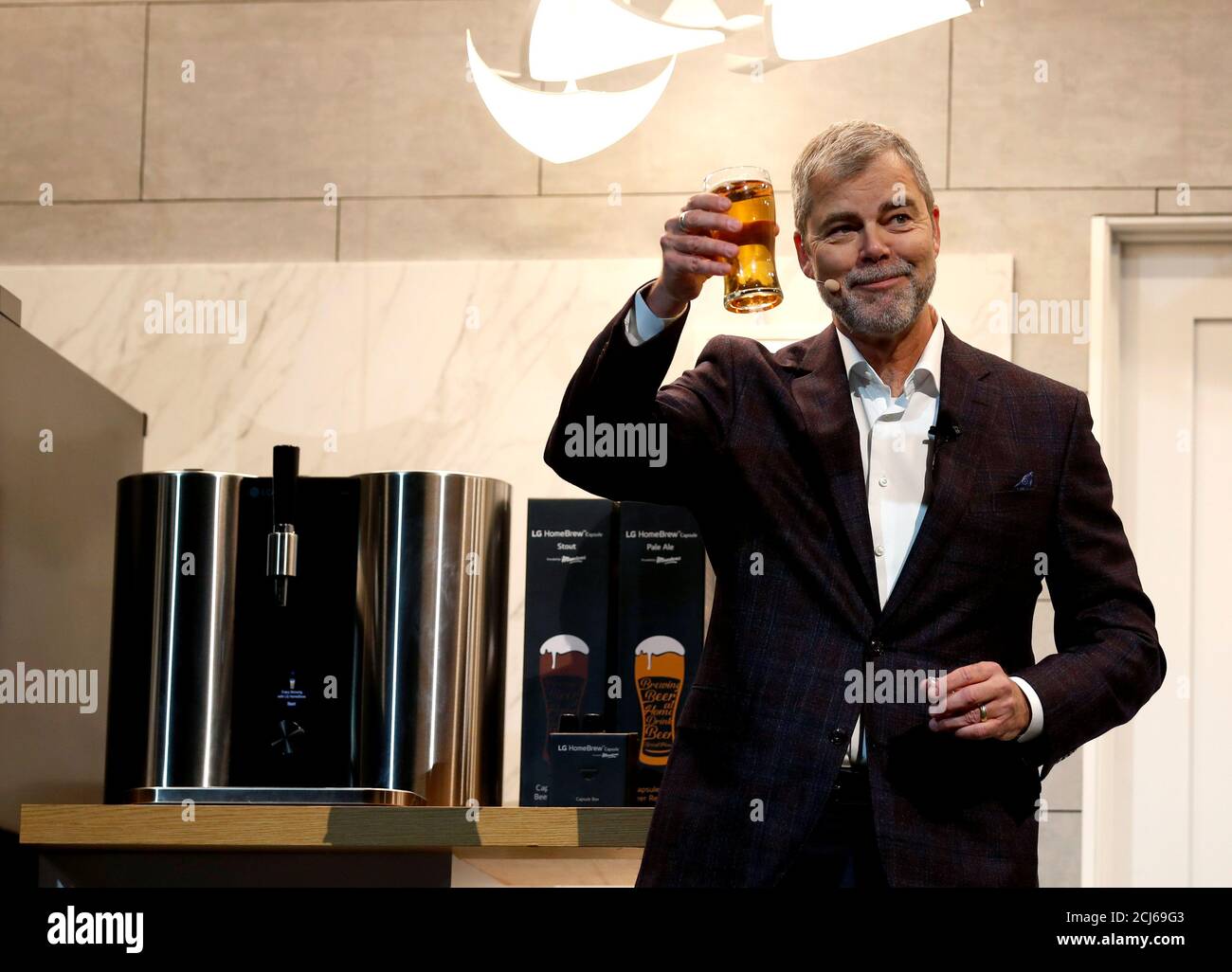 David Vanderwaal, senior vice president of marketing for LG Electronics USA, introduces the LG HomeBrew, an automated, home beer-making appliance, during an LG Electronics news conference at the 2019 CES in Las Vegas, Nevada, U.S. January 7, 2019. REUTERS/Steve Marcus Stock Photo