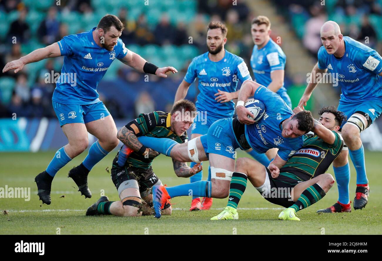 Rugby Union - European Champions Cup - Pool 1 - Northampton Saints v Leinster  Rugby - Franklin's Gardens, Northampton, Britain - December 7, 2019  Northampton Saints' Matt Proctor and Teimana Harrison in