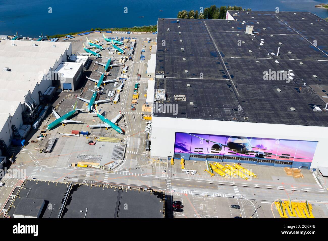 Boeing Renton Factory aerial view adjacent to Renton Municipal Airport. 737 MAX production site. Boeing assembly line. Boeing Company. Stock Photo