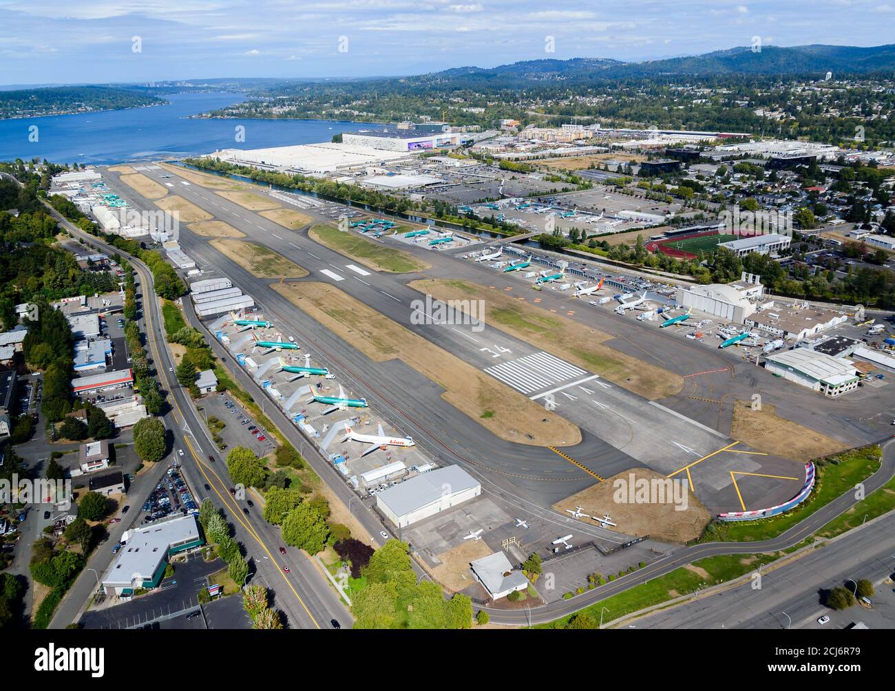 Renton Municipal Airport aerial view adjacent to Boeing Renton Factory. Runway used for Boeing 737 test flights after production. Flight line. Stock Photo