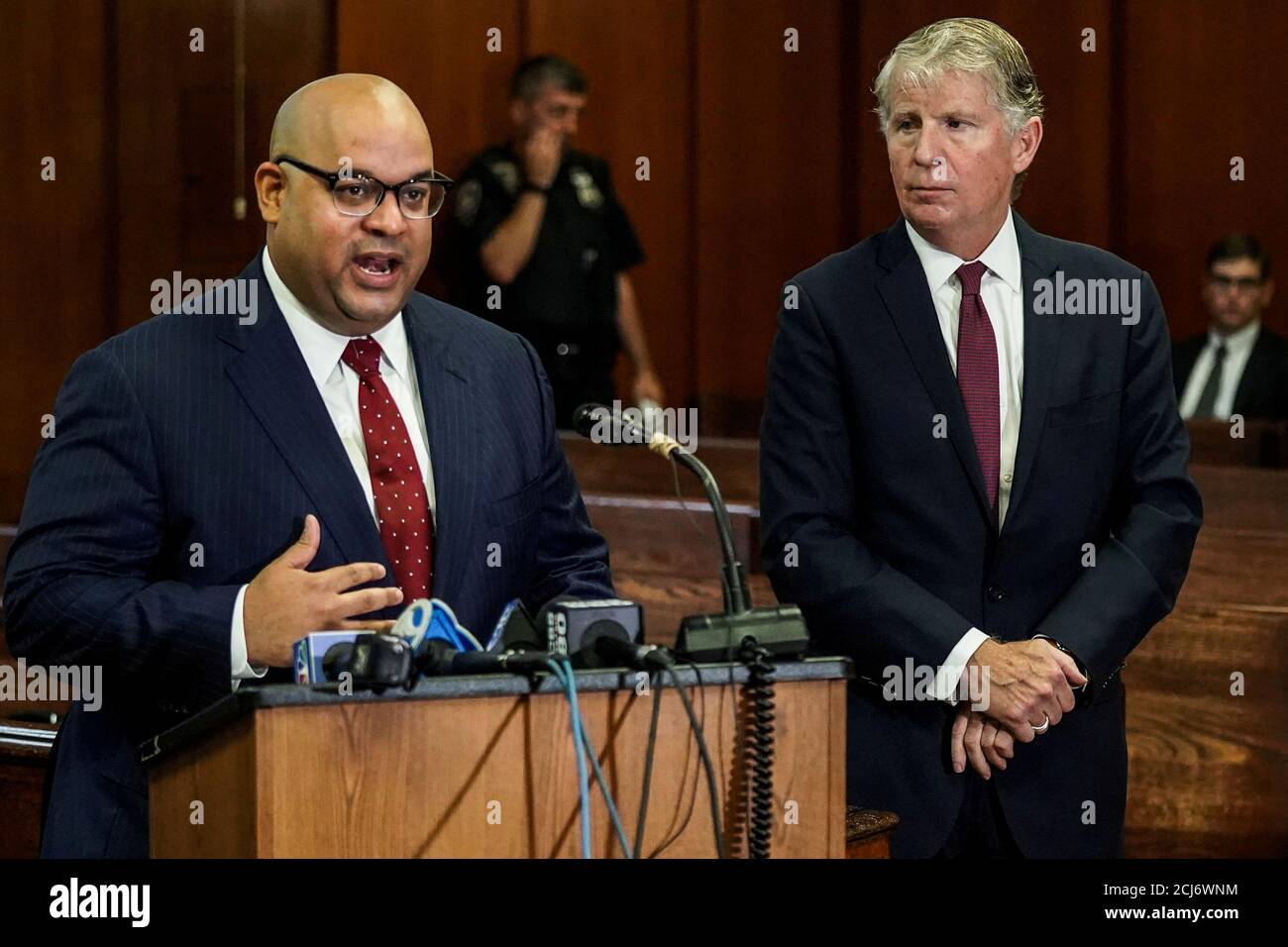 Neighborhood Defender Service of Harlem Seth Steed (L) speaks at a news conference about dismissing some 3,000 marijunana smoking and possession cases in New York City, U.S., September 12, 2018. REUTERS/Jeenah Moon Stock Photo