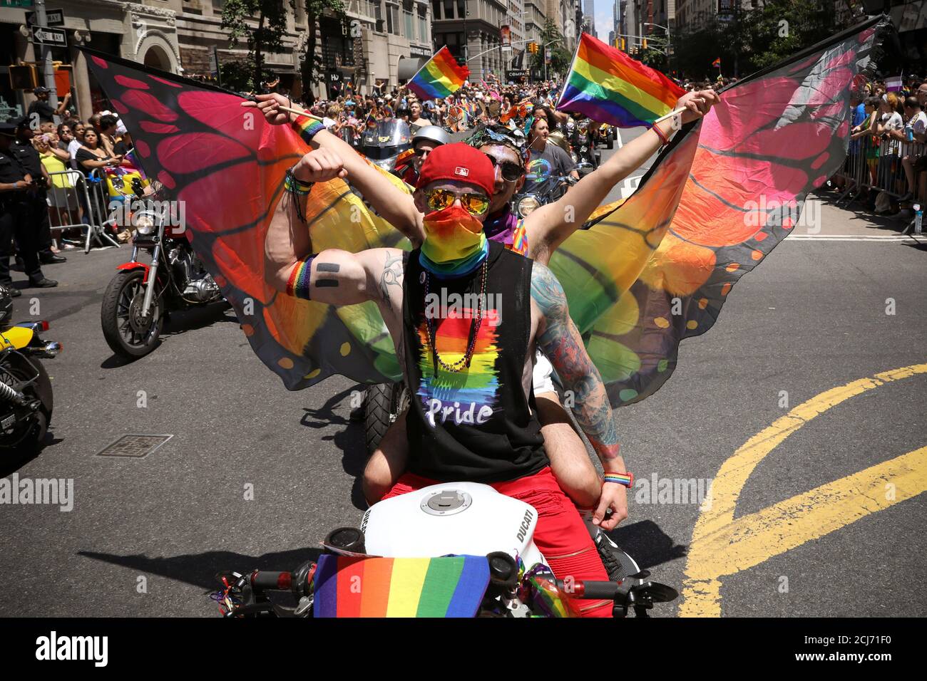 People participate in the 2019 World Pride NYC and Stonewall 50th LGBTQ Pride parade in New York, U.S., June 30, 2019.  REUTERS/Brendan McDermid Stock Photo