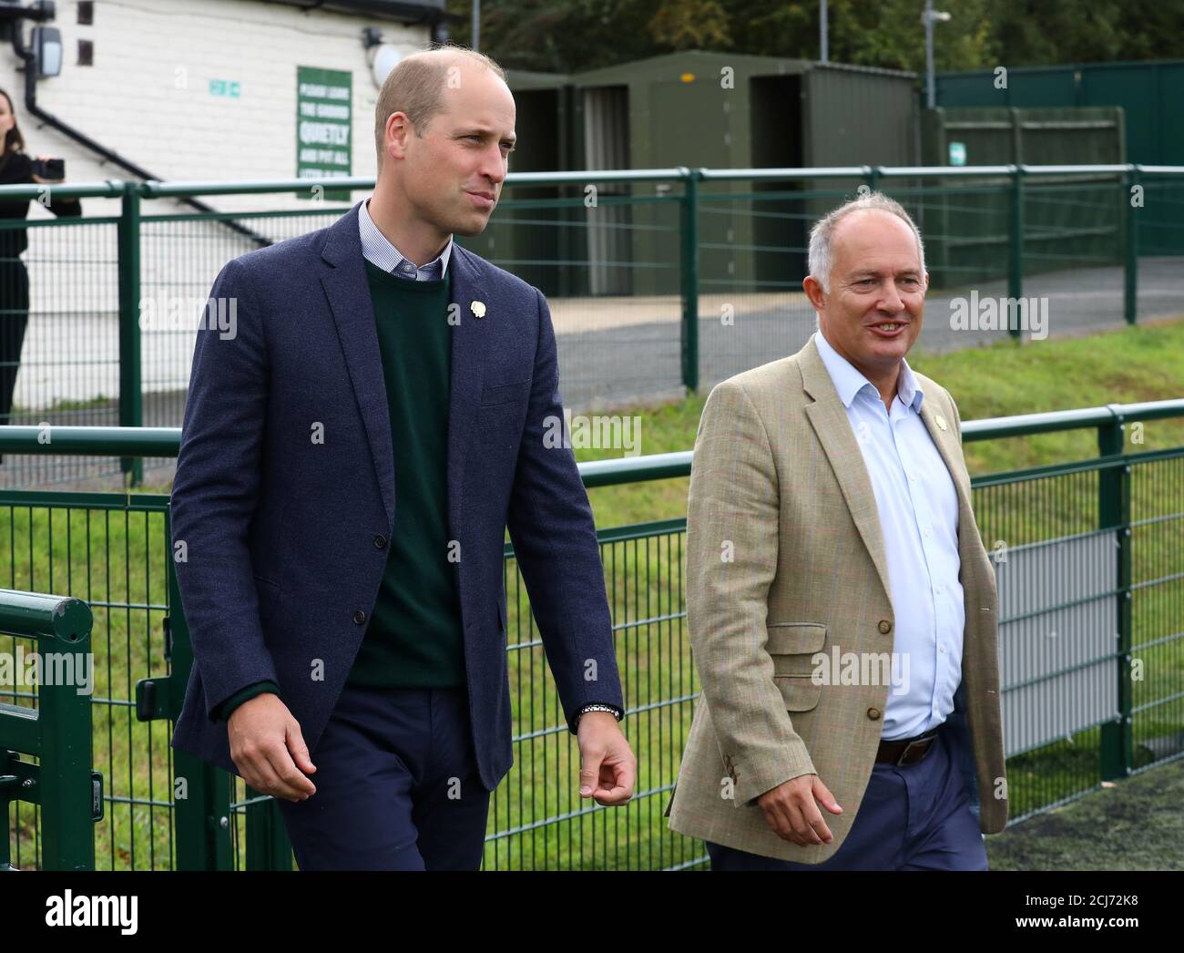 Britain's Prince William, Duke of Cambridge and Rob Morris, Co-Owner of Silver Jubilee Park and Vice President of Hendon F.C. and Edgware Town F.C., walk during a visit to Hendon FC, as part of the Heads Up mental health campaign at Hendon F.C., in London, Britain September 6, 2019. Tim P. Whitby/Pool via REUTERS Stock Photo