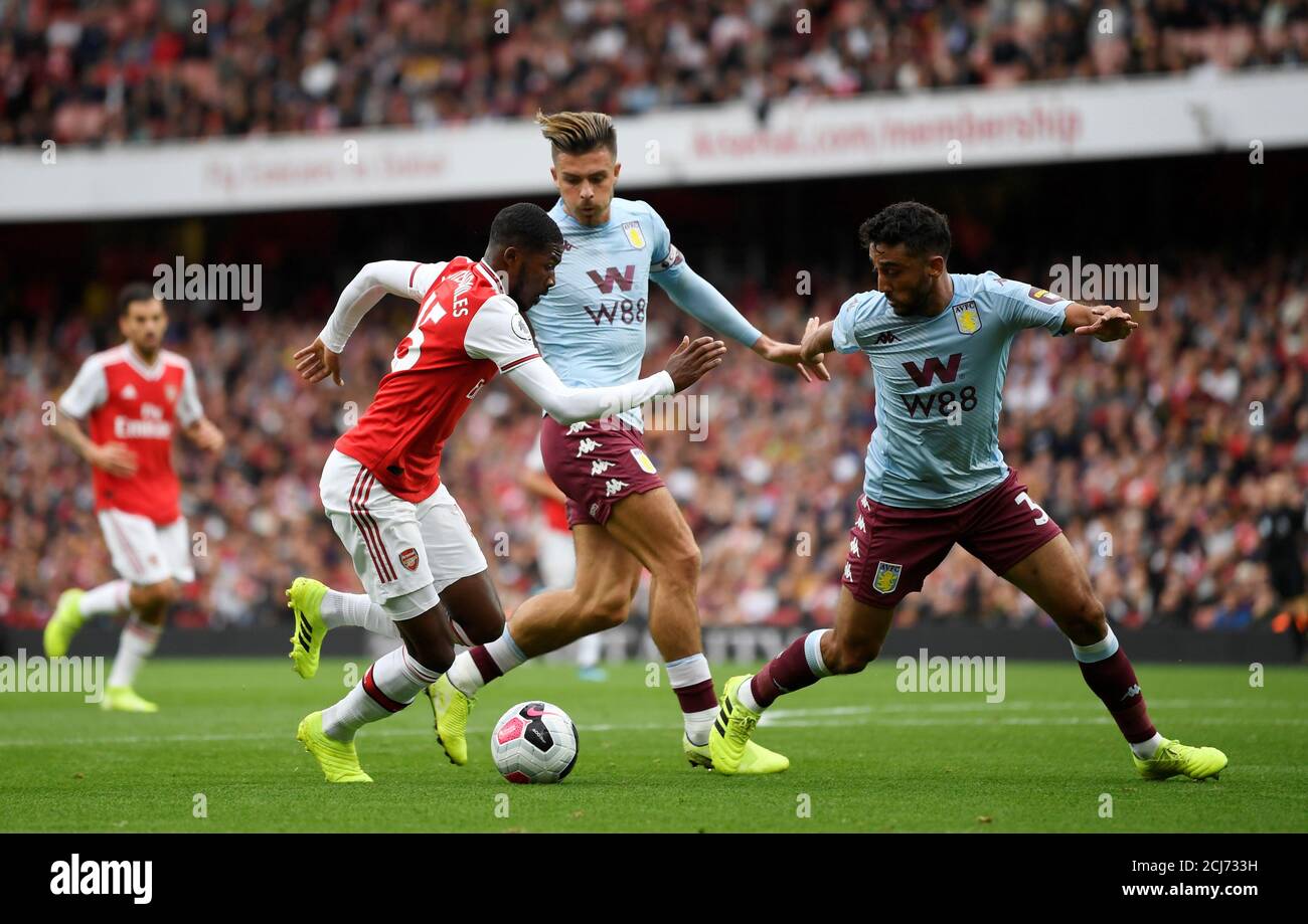 Soccer Football Premier League Arsenal V Aston Villa Emirates Stadium London Britain September 22 2019 Aston Villa S Jack Grealish And Neil Taylor In Action With Arsenal S Ainsley Maitland Niles