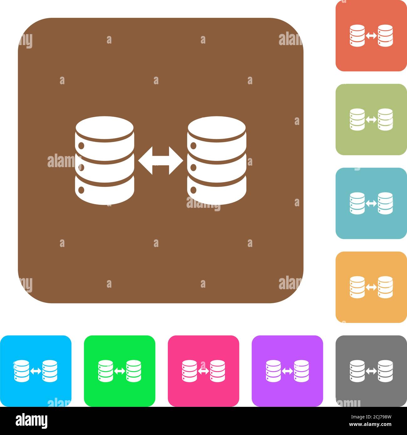 Syncronize databases flat icons on rounded square vivid color backgrounds. Stock Vector