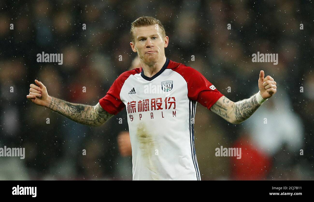 Soccer Football - Premier League - West Ham United vs West Bromwich Albion - London Stadium, London, Britain - January 2, 2018   West Bromwich Albion's James McClean celebrates scoring their first goal   REUTERS/Eddie Keogh    EDITORIAL USE ONLY. No use with unauthorized audio, video, data, fixture lists, club/league logos or 'live' services. Online in-match use limited to 75 images, no video emulation. No use in betting, games or single club/league/player publications.  Please contact your account representative for further details. Stock Photo