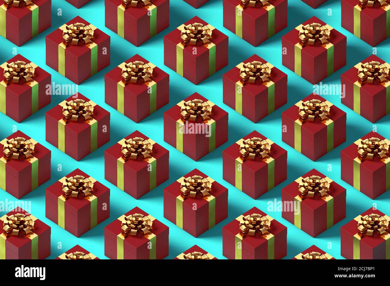 Pattern from red gift boxes with golden ribbon and bow on blue background. 3d illustration. Complementary color scheme. Happy holiday composition. Stock Photo