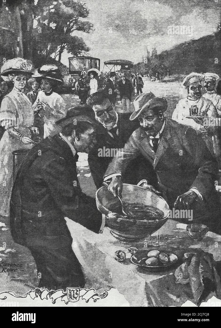 Clad in a Gray Suit and Panama Hat, the Emperor (Kaiser Wilhelm II) himself was frantically stirring the salad, circa 1900 Stock Photo