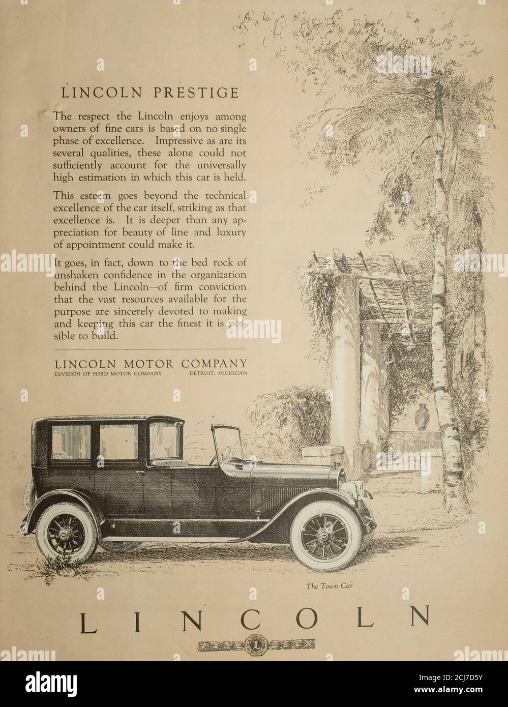 Advertisement for Lincoln Town Car, circa 1923 Stock Photo