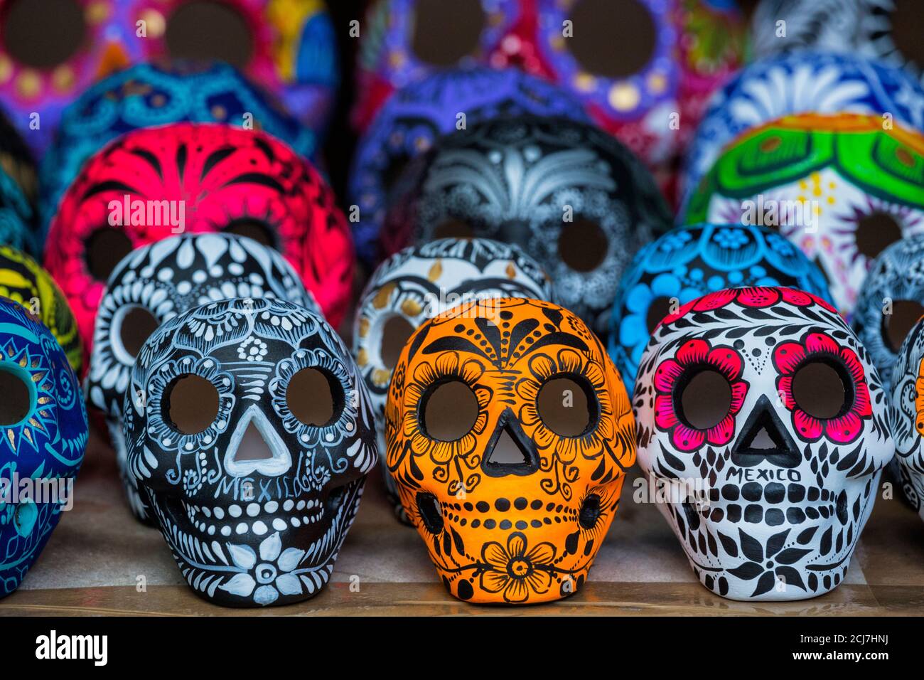 Colourful masks on sale at Mexican resort. Stock Photo