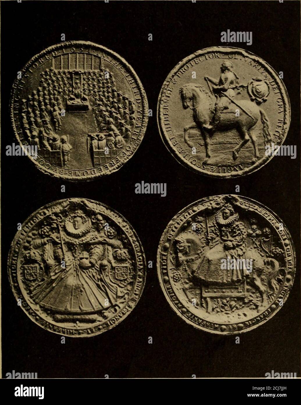 . The great seals of England and some others . of the Faith. Reverse: James in full armorrushing toward his foes. He was such an admitted cowardthat he would not even touch a sword, so this ferocious war-rior must have caused many a laugh—behind his back. CHARLES I. Born 1600. King 1625. Died, rathersuddenly, 1649. Morally much like his father; physically agreat improvement, with the enormous advantage of VanDyke for his portrait painter. Charles the Martyr; othersthink that he got just what he deserved. The portrait on theSeal is quite good, though an unfortunate pressure onCharles nose has s Stock Photo