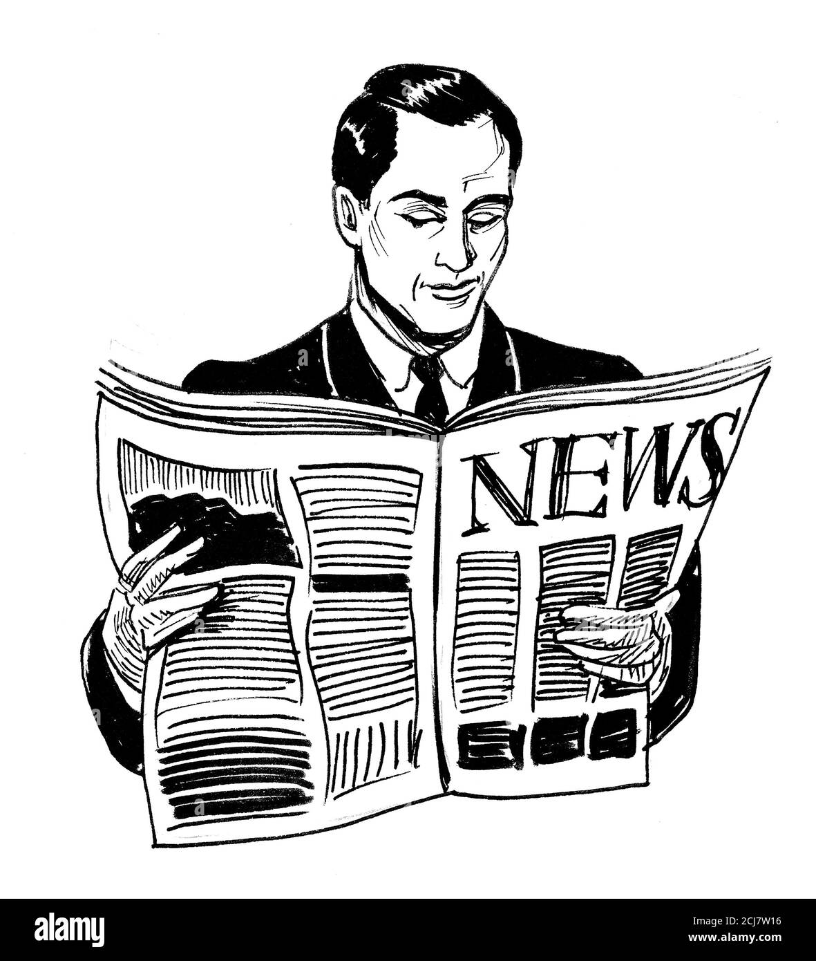 Businessman reading a newspaper. ink black and white drawing Stock