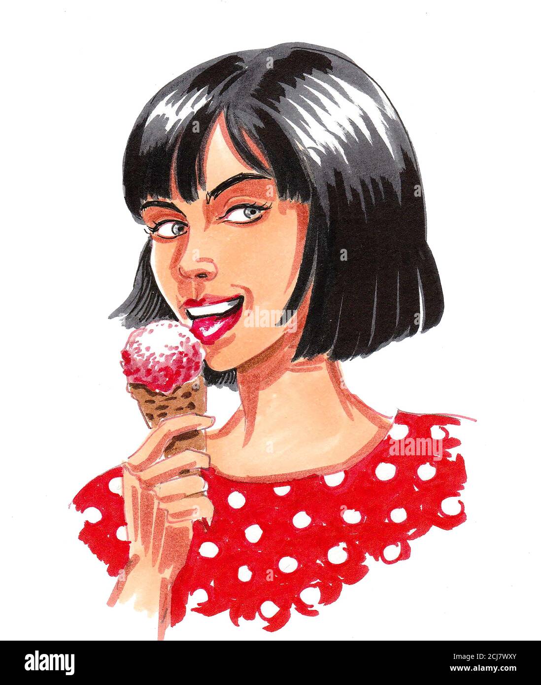 Pretty Girl Eating Ice Cream Ink And Watercolor Drawing Stock Photo Alamy