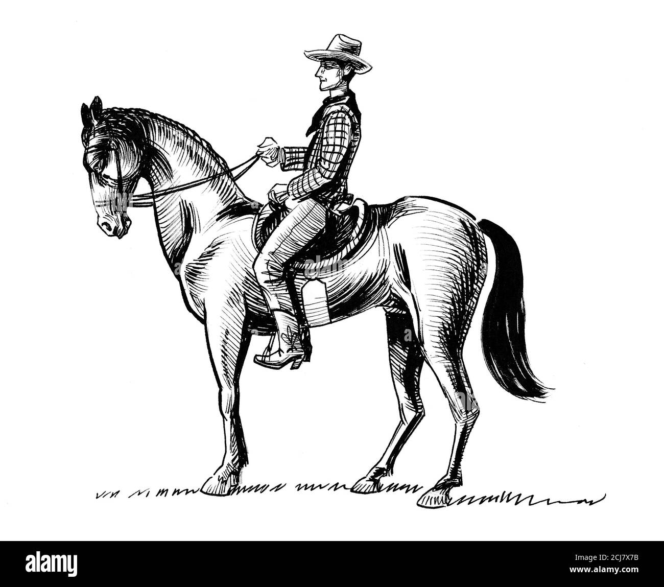 Cowboy riding a horse. ink black and white drawing Stock Photo - Alamy