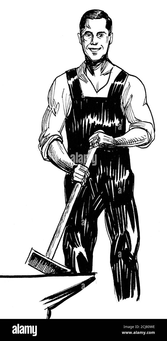 Blacksmith with hammer. Ink black and white drawing Stock Photo Alamy