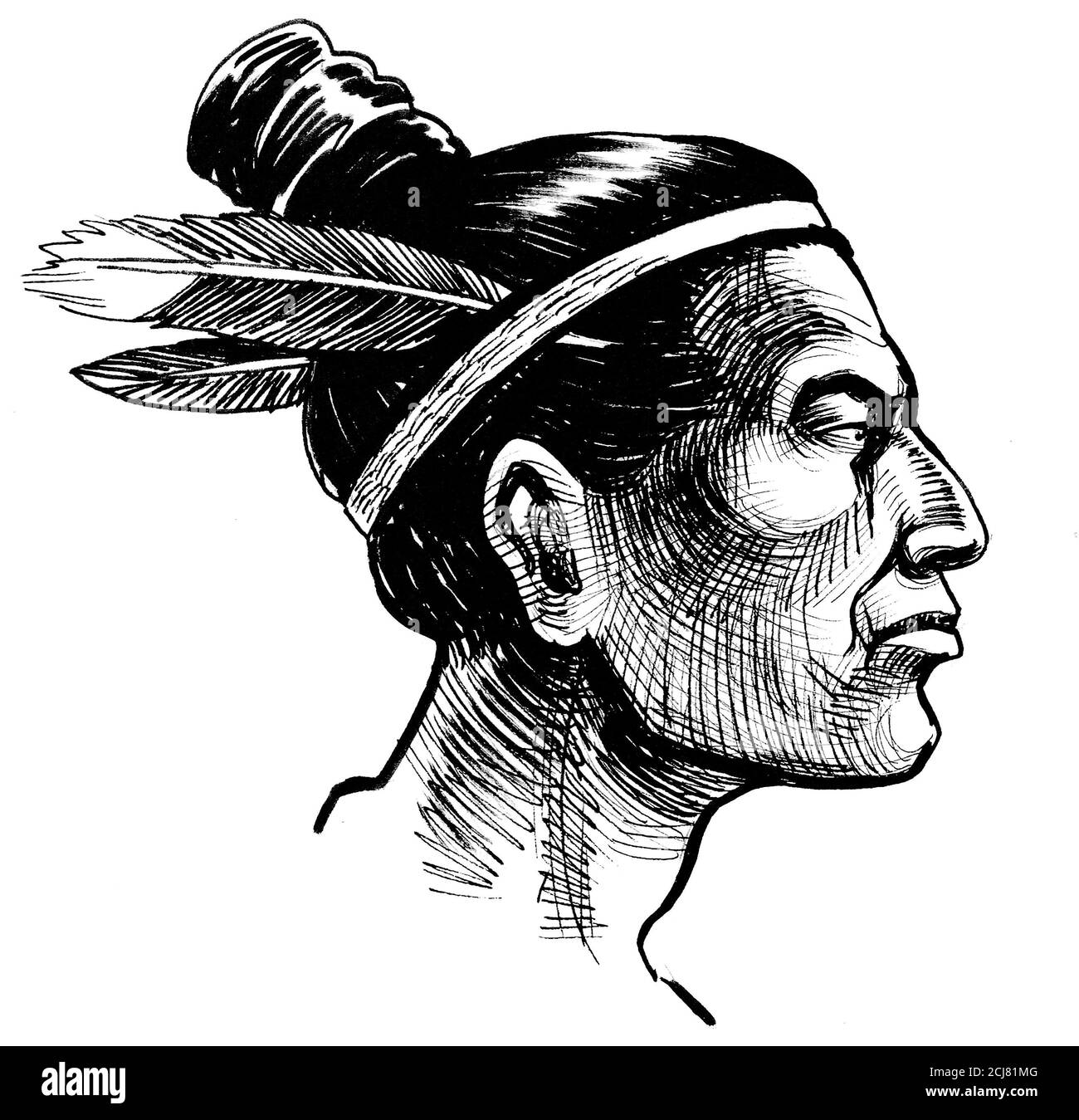 Native American head. Ink black and white drawing Stock Photo