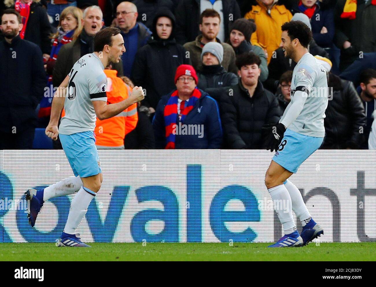 Soccer Football - Premier League - Crystal Palace v West Ham United - Selhurst Park, London, Britain - February 9, 2019  West Ham's Mark Noble celebrates scoring their first goal with Felipe Anderson          REUTERS/Eddie Keogh  EDITORIAL USE ONLY. No use with unauthorized audio, video, data, fixture lists, club/league logos or 'live' services. Online in-match use limited to 75 images, no video emulation. No use in betting, games or single club/league/player publications.  Please contact your account representative for further details. Stock Photo