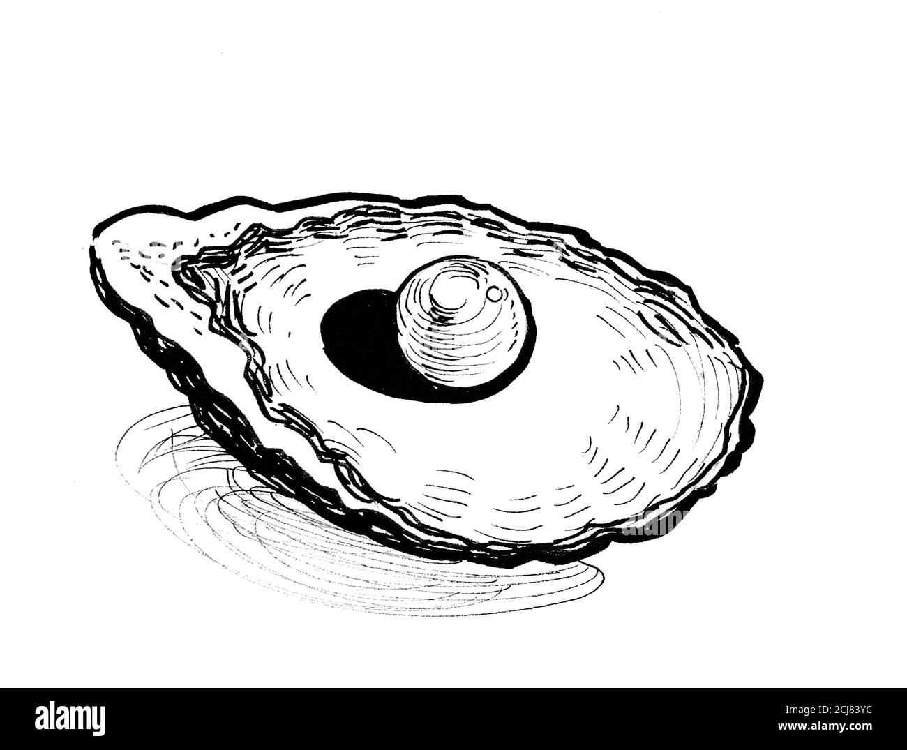 Precious pearl in the shell. Ink black and white drawing Stock Photo - Alamy