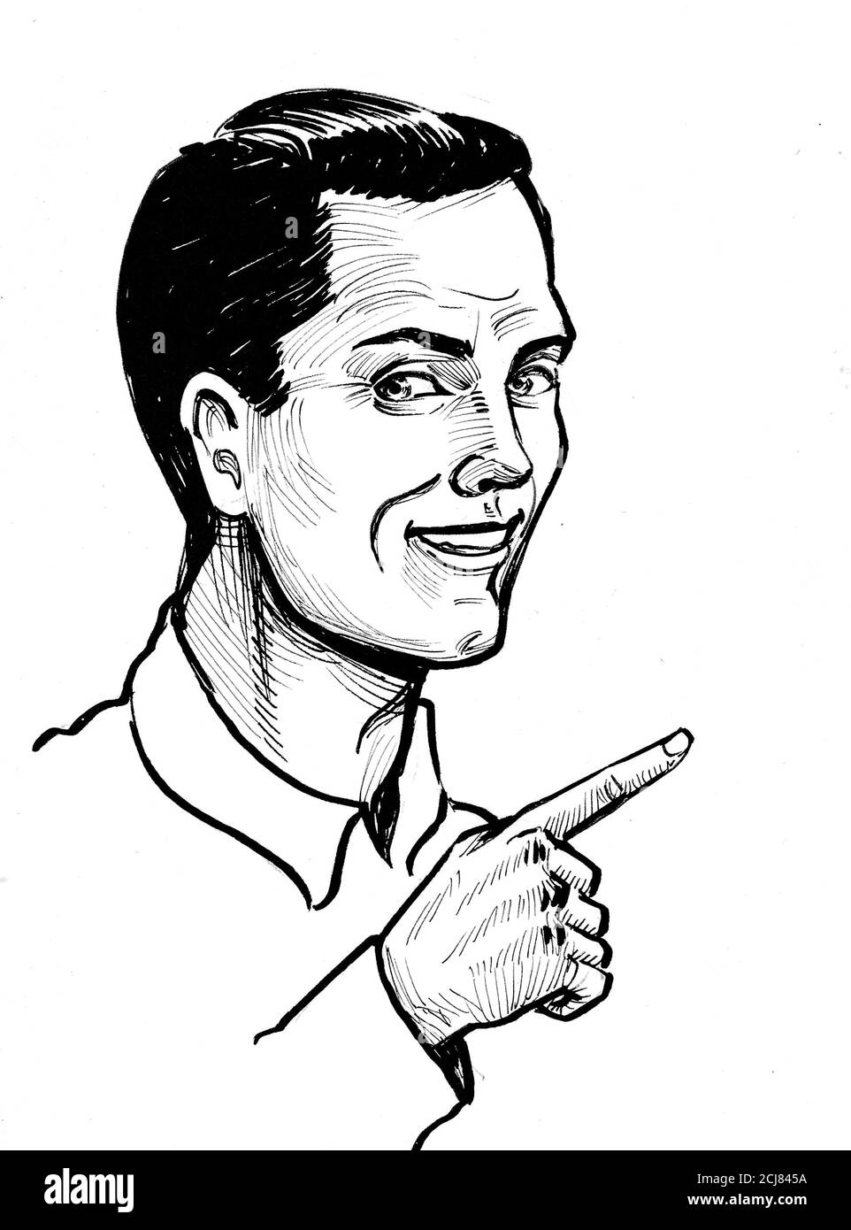 Happy smiling man pointing right. Ink black and white drawing Stock ...