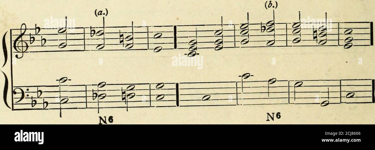 . Harmony : a course of study . & §1111 N6 Both the fundamental position with the root doubled (see Example197 *) and the second inversion with the third doubled (^e Example197, b) are occasionally used, and all the positions of the chord maybe used in the major mode by the simultaneous lowering of the rootand fifth of the supertonic triad. (See Example 197, c.) 197.. Stock Photo