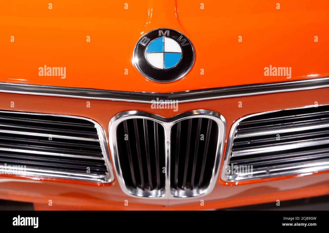 The logo of German manufacturer BMW is seen on the bonnet of a 1972 BMW 2002