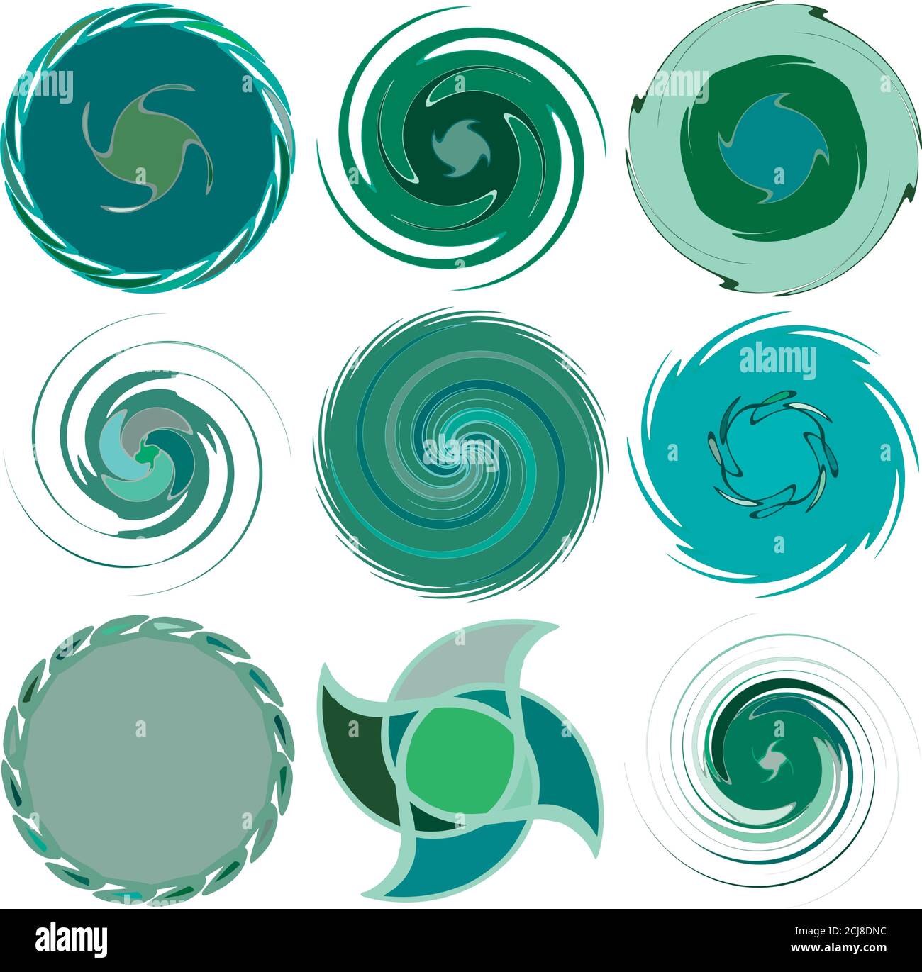 Abstract concentric, radial, concentric spiral, swirl, twirl and vortex shapes. Design elements with rotation, gyre, torsion effect. Abstract circular Stock Vector
