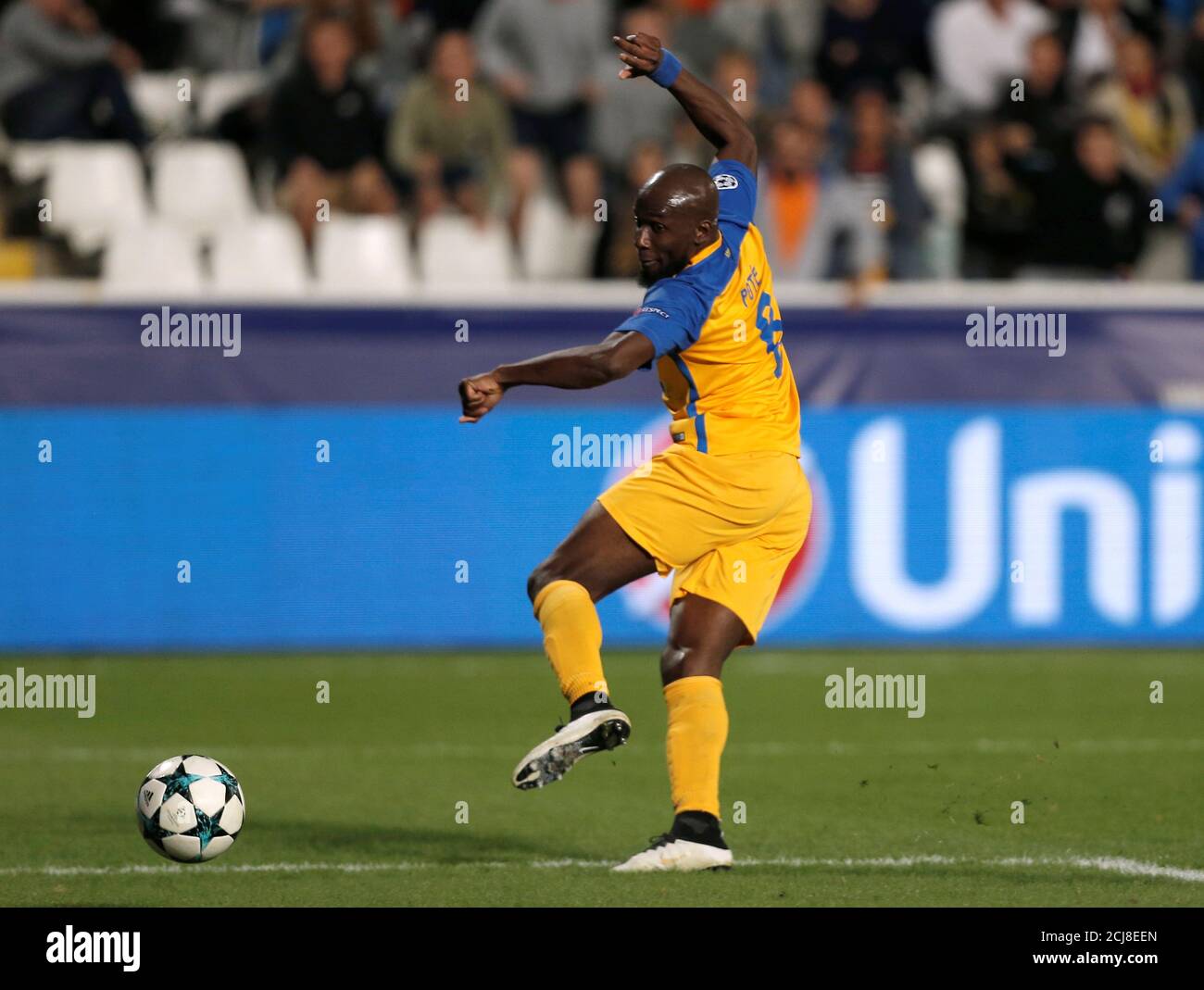 Soccer Football - Champions League - Apoel Nicosia vs Borussia Dortmund - GSP Stadium, Nicosia, Cyprus - October 17, 2017 Apoel Nicosia's Mickael Pote scores their first goal REUTERS/Alkis Konstantinidis Stock Photo - Alamy