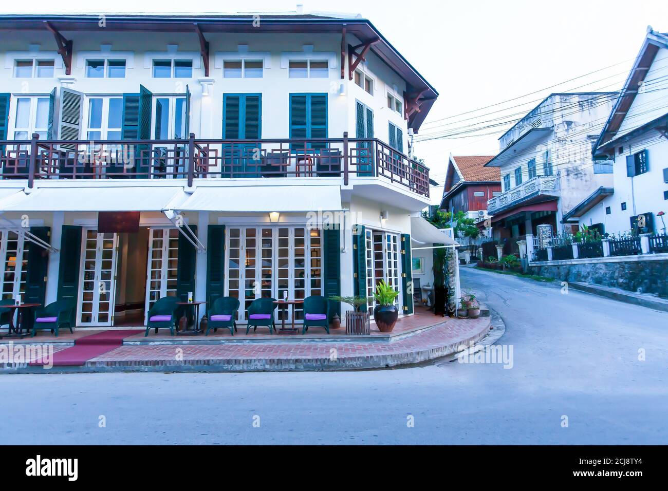 Picturesque exteriors of ancient french colonial architecture in Luang Prabang, Laos. UNESCO, The Intangible Cultural Heritage. Stock Photo