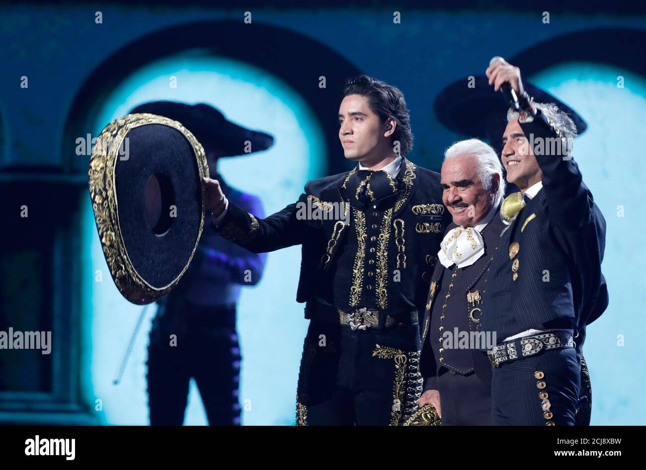 The 20th Annual Latin Grammy Awards - Show - Las Vegas, Nevada, U.S., November 14, 2019 - Alex, Vicente, and Alejandro Fernandez perform. REUTERS/Steve Marcus Stock Photo