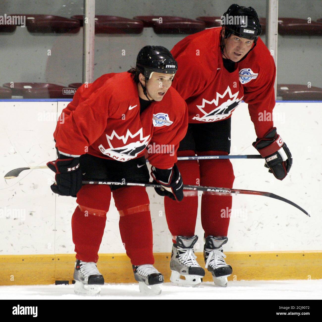 Team Canada Captain Mario Lemieux Takes A Break With Teammate Martin St Louis During Training Camp For World Cup Of Hockey Team Canada S Captain Mario Lemieux R Takes A Break With Teammate