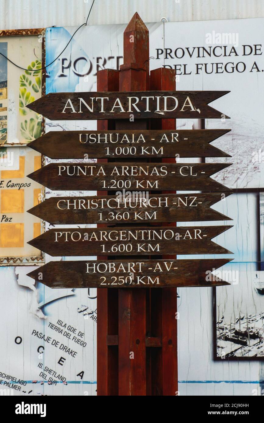 Antarctica signpost with distances to the nearest cities, Ushuaia, Argentina, South America