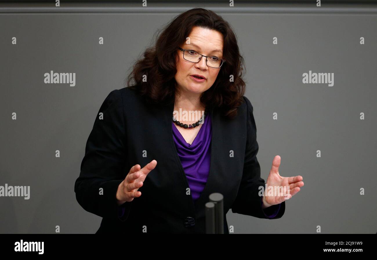 German Labour Minister Andrea Nahles speaks during a session about a reform of Germany's pension scheme at the lower house of parliament, the Bundestag, in Berlin May 23, 2014.  REUTERS/Thomas Peter (GERMANY - Tags: POLITICS) Stock Photo