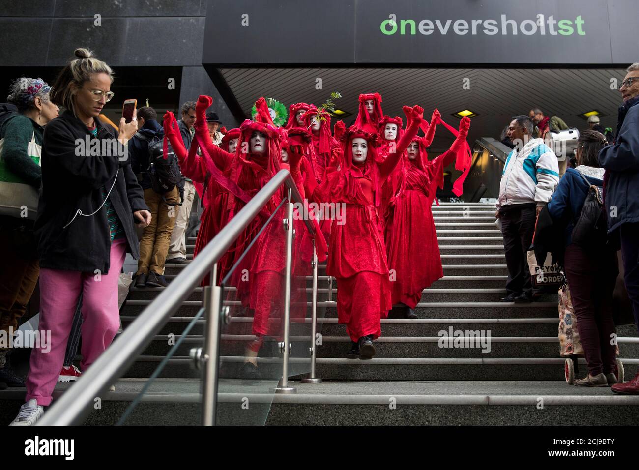 Extinction Rebellion and anti-HS2 protesters demonstrate outside the High Speed 2 headquarters at Euston Station in London, Britain September 28, 2019. REUTERS/Simon Dawson Stock Photo
