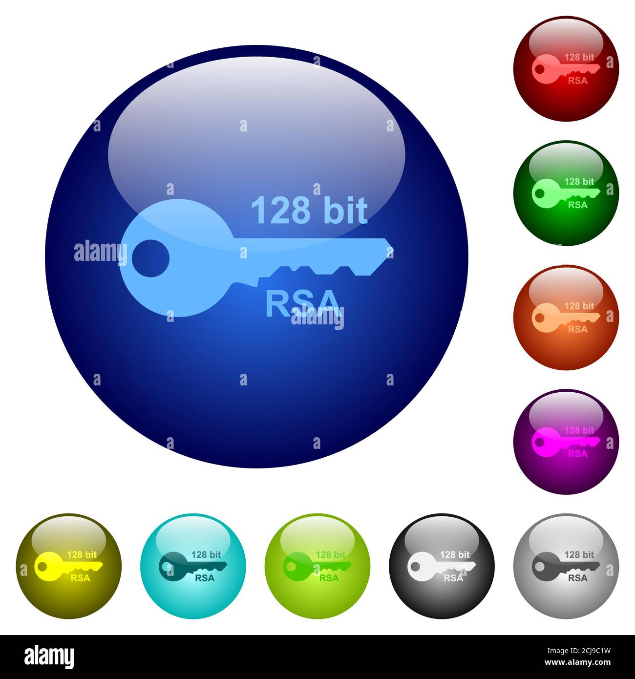 128 bit rsa encryption icons on round glass buttons in multiple colors ...