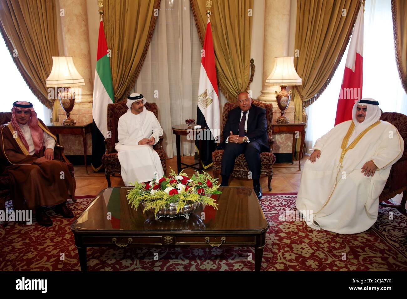 Saudi Foreign Minister Adel al-Jubeir (L), UAE Foreign Minister Abdullah  bin Zayed al-Nahyan (C-L), Egyptian Foreign Minister Sameh Shoukry (C-R),  and Bahraini Foreign Minister Khalid bin Ahmed al-Khalifa meet to discuss  the