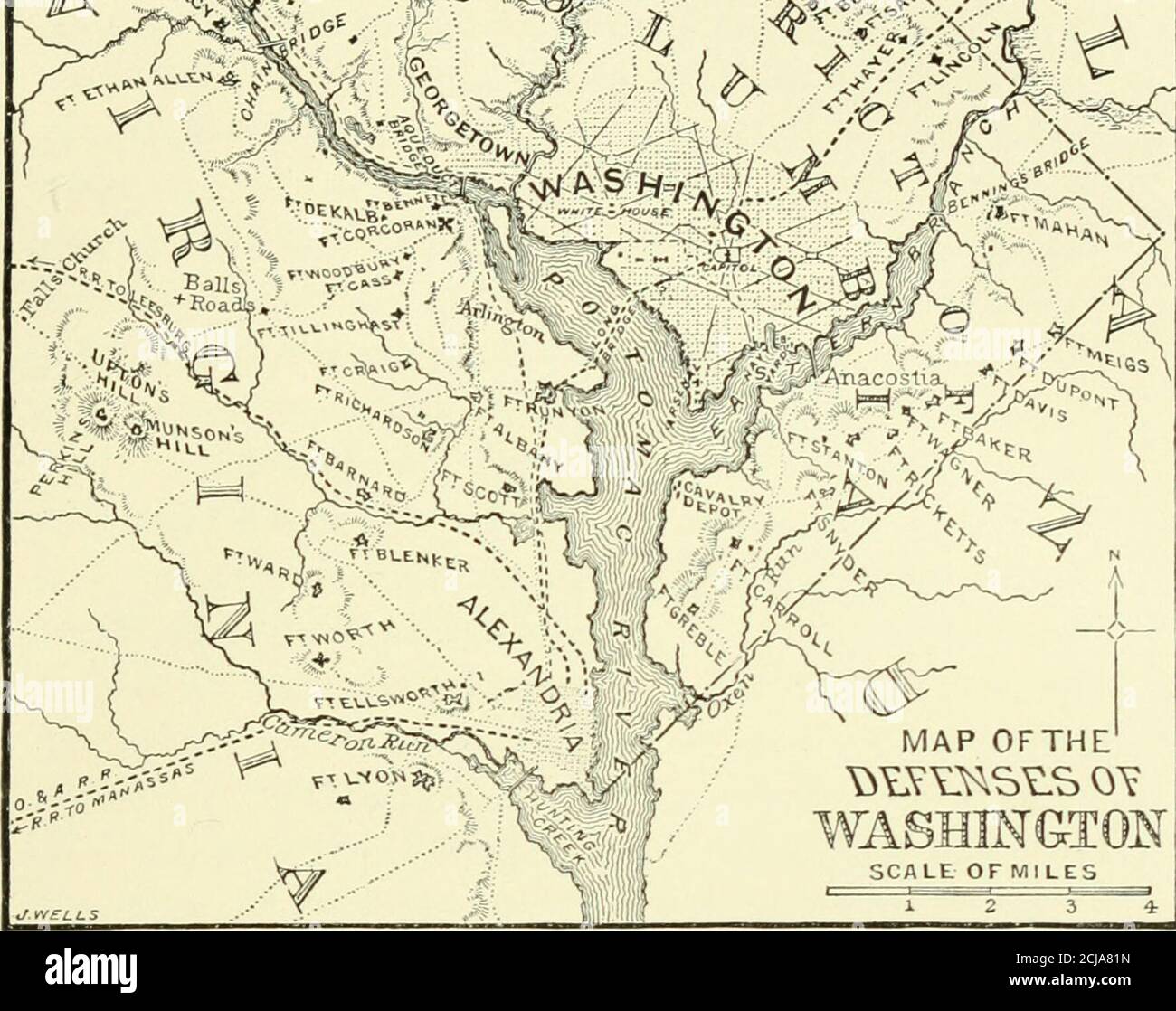 . Abraham Lincoln; a history . MAP OFTHE SCALE OFMILES THE DEFENSES OF WASHINGTON DLEINO THE ANTIETAil &lt; A3IPAIGN,SEPTEMBER 1-20, 1862. Extensive additions to the defeu^^es of the west bank of the Potomac were madesubseqiieutly. Forts Alexander, Franklin, and Eipley were afterward united andcalled redoubts Davis, Kirby, and Cross, receiving later the nanii- of Fort Sumner.Forts De Kalh, Massachusetts, Pennsylvania, and Blenker were afterward changedrespectively to Strong, Stevens, Reno, and Reynolds. See also page 108, Vol. IX. THE NEVJ YORK PUBLIC u::rary MANASSAS EVACUATED 177 of which th Stock Photo