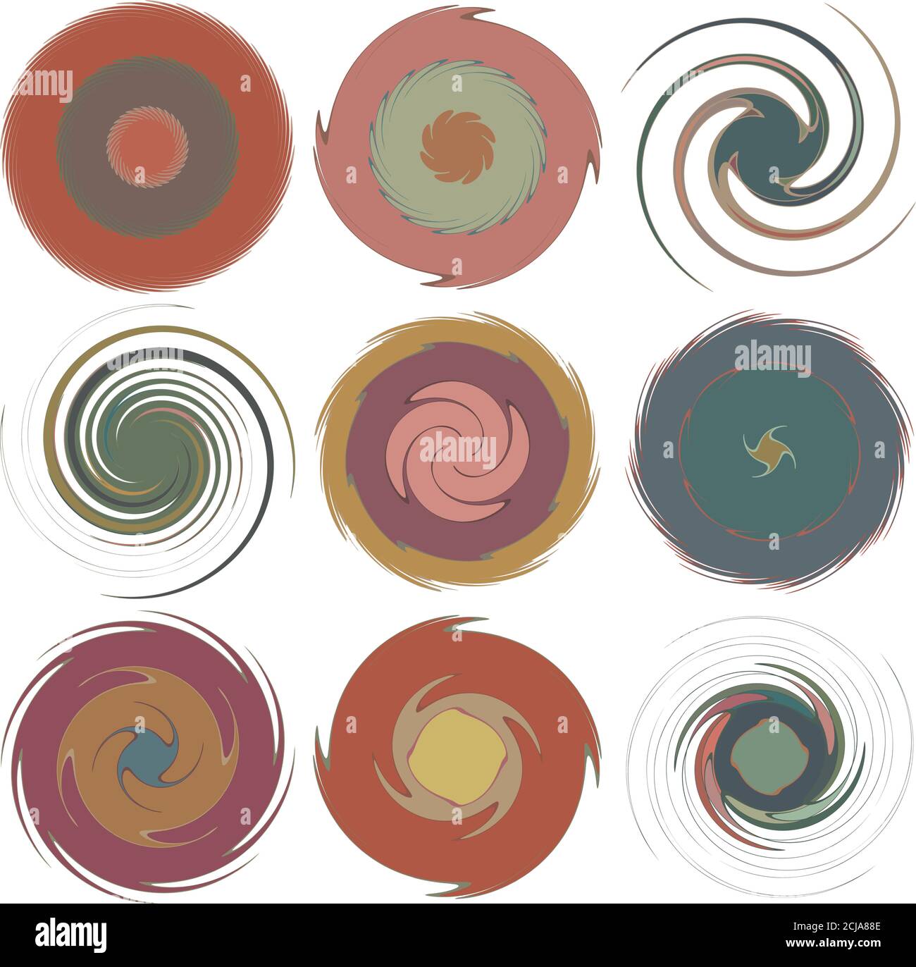 Abstract concentric, radial, concentric spiral, swirl, twirl and vortex shapes. Design elements with rotation, gyre, torsion effect. Abstract circular Stock Vector