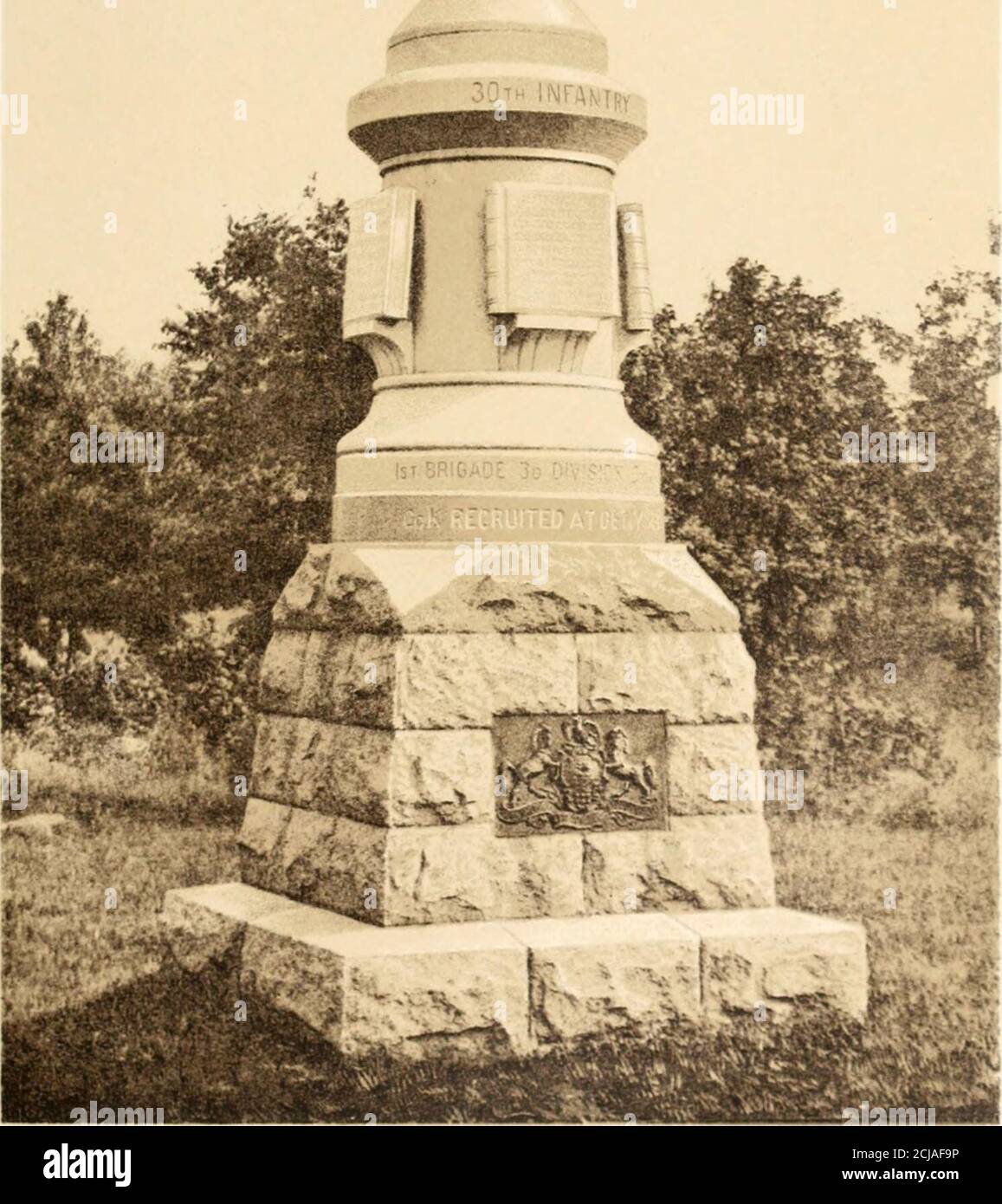 . Pennsylvania at Gettysburg. Ceremonies at the dedication of the monuments erected by the commonwealth of Pennsylvania to Major-General George G. Meade, Major General Winfield S. Hancock, Major General John F. Reynolds and to mark the positions of the Pennsylvania commands engaged in the battle .. . ides traced in panels upon which thehistory of regiment is cut, the whole being seven feet high by four feetsquare at the base. DEDICATION UF MONUMENT 30^^^H REGIMENT INFANTRY* (First Reserves)ADDRESS OF CAPTAIN WM. D. STAUFFER THE regiment broke camp at Fairfax Station, Virginia, on the Orangeand Stock Photo