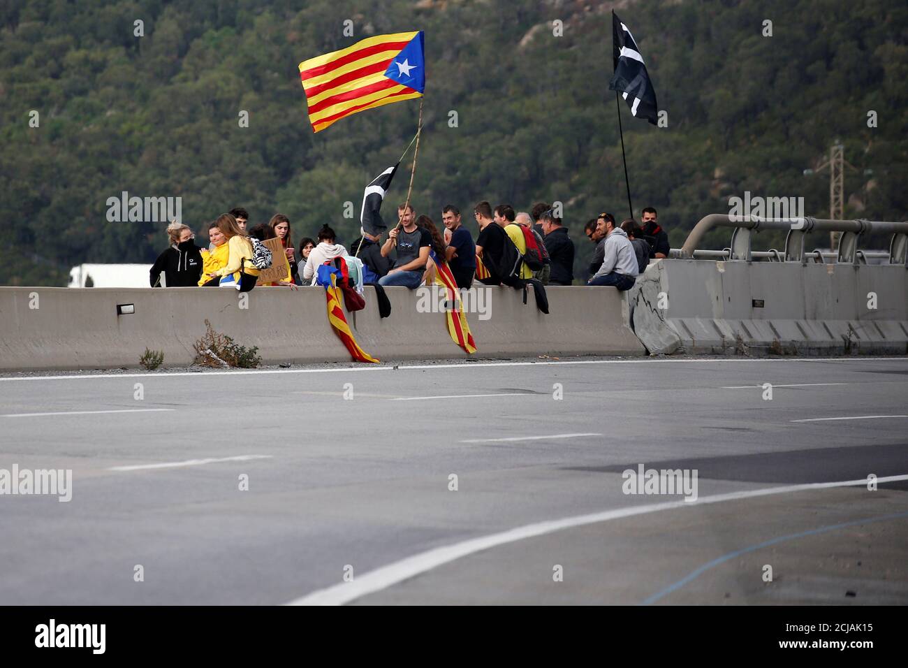 Catalan Demonstrators Block The Spanish Motorway At La Jonquera Near The Spanish French Border During Catalonia S General Strike Spain October 18 2019 Reuters Regis Duvignau Stock Photo Alamy