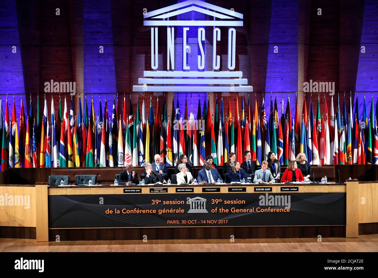 UNESCO's members attend the opening of the 39th session of the General  Conference of the United Nations Educational, Scientific and Cultural  Organization (UNESCO) at their headquarters in Paris, France, October 30,  2017.