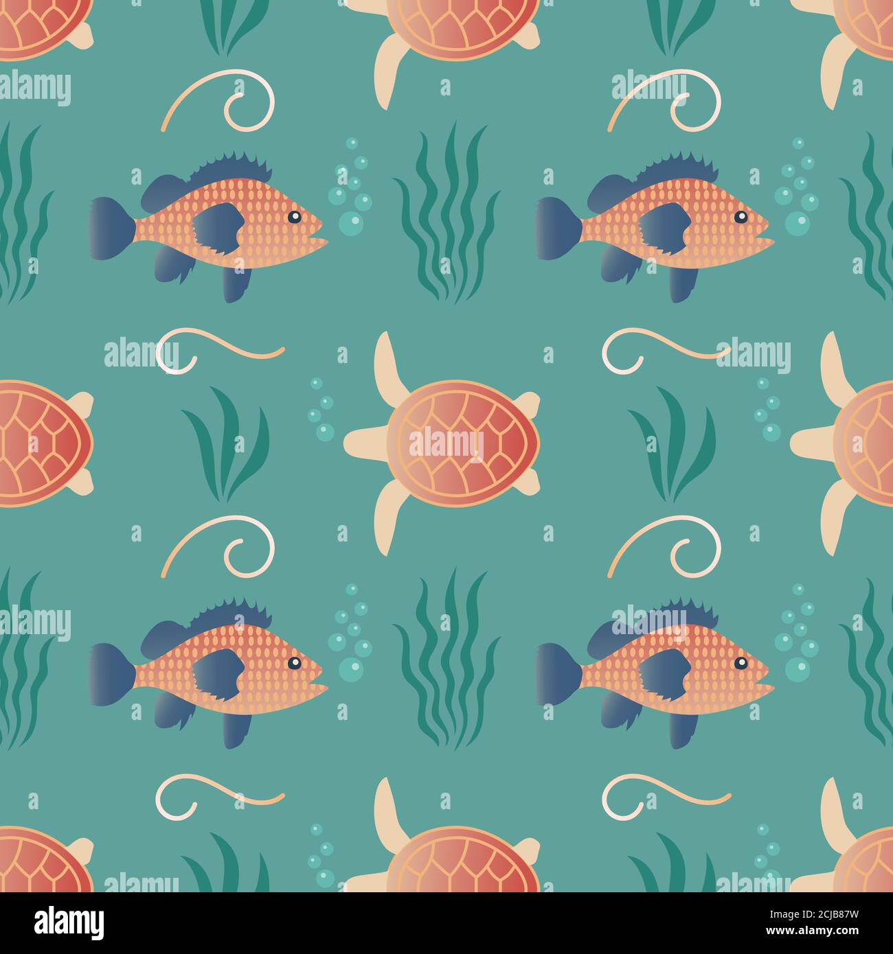 Seamless pattern with fish and turtles swimming in the sea. Marine life. Vector EPS10. Stock Vector