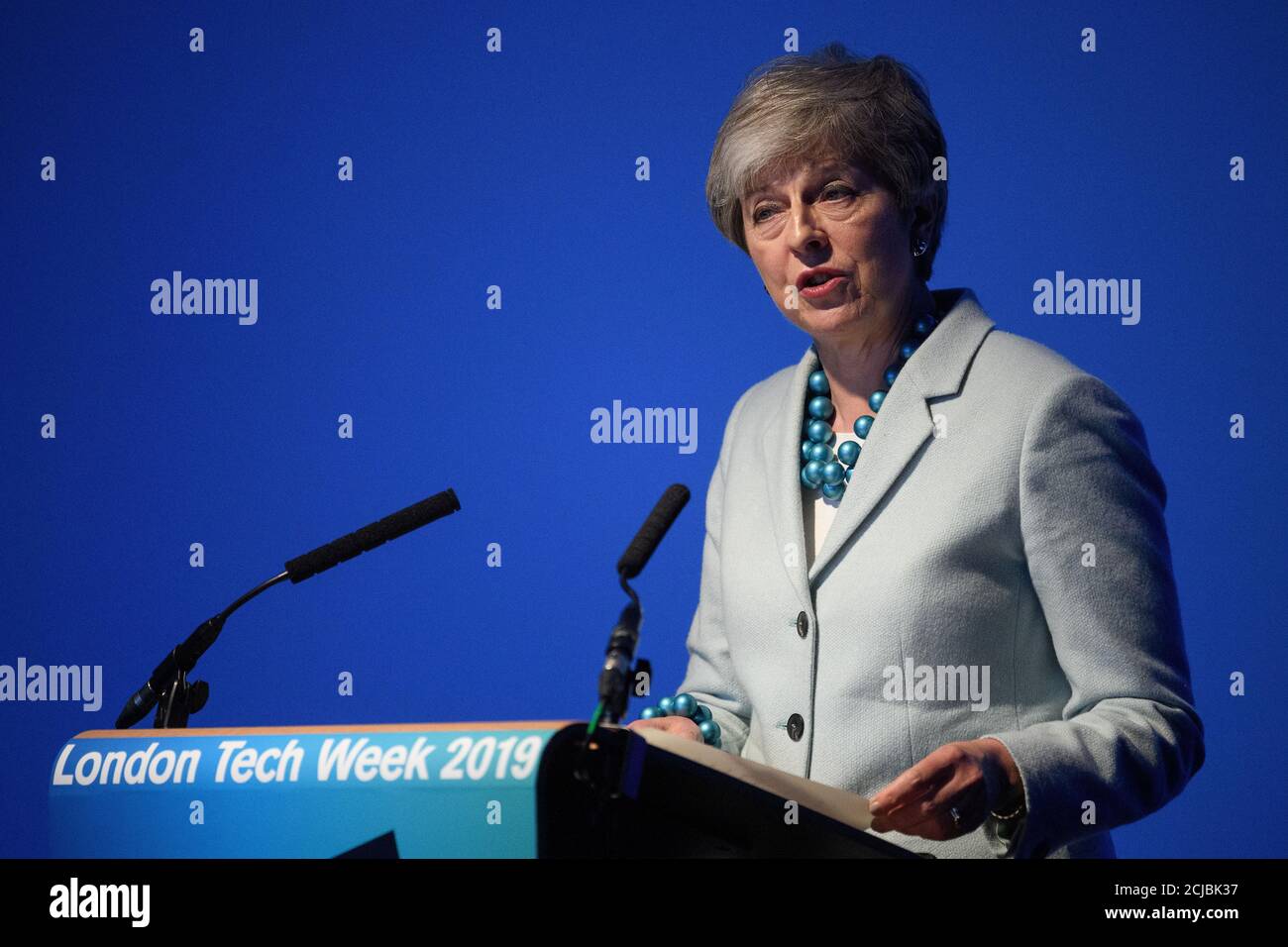 Britain's Prime Minister Theresa May addresses guests with a speech to mark the start of London Tech Week in London, Britain June 10, 2019. Leon Neal/Pool via REUTERS Stock Photo