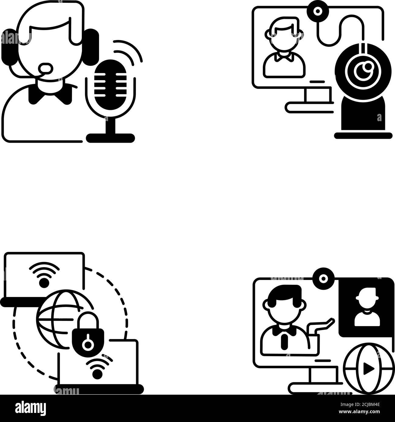 Web conference black linear icons set Stock Vector