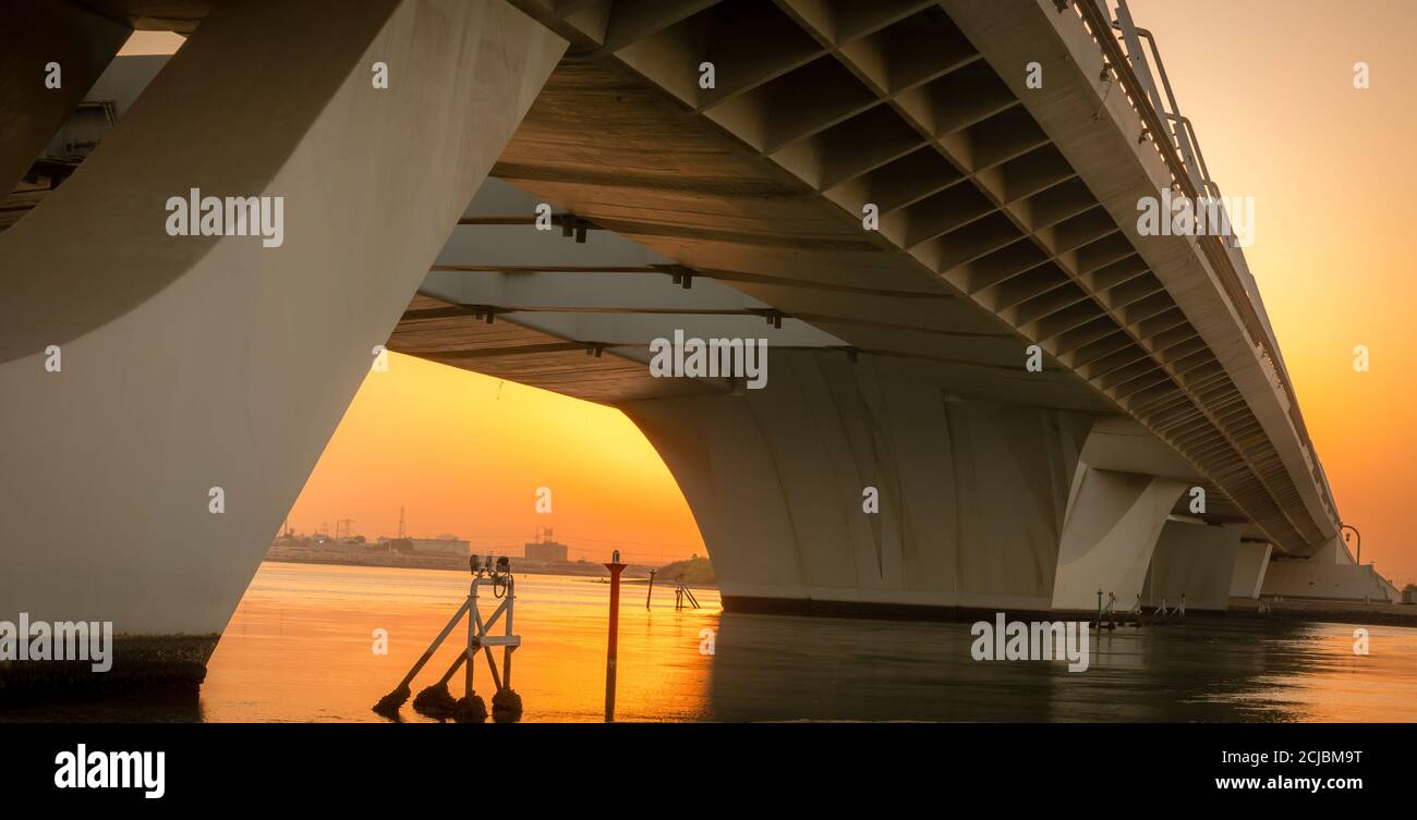 Sheikh Zayed Bridge in the morning, Abu Dhabi,Middle East, United Arab Emirates. Stock Photo