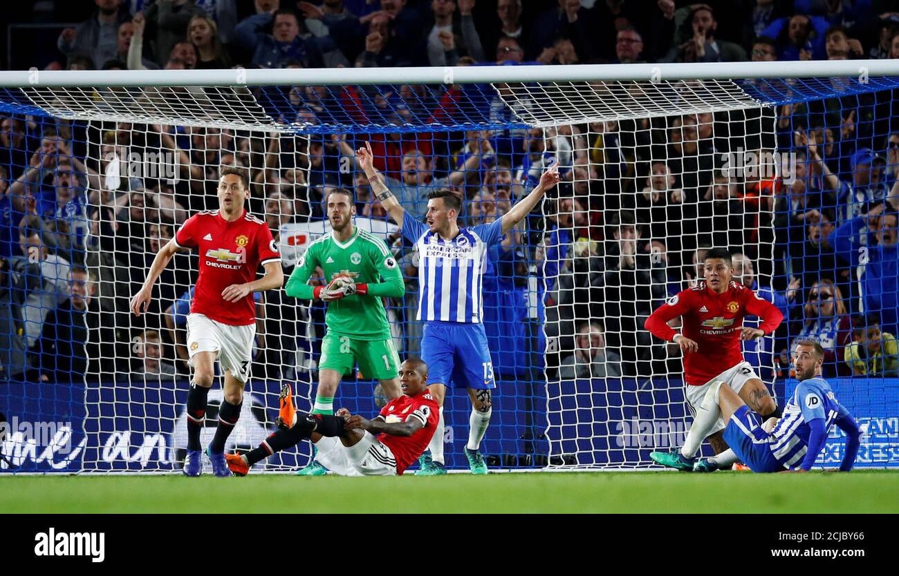 Soccer Football - Premier League - Brighton & Hove Albion v Manchester United - The American Express Community Stadium, Brighton, Britain - May 4, 2018   Brighton's Pascal Gross appeals before goal line technology confirms he scores their first goal   REUTERS/Eddie Keogh    EDITORIAL USE ONLY. No use with unauthorized audio, video, data, fixture lists, club/league logos or 'live' services. Online in-match use limited to 75 images, no video emulation. No use in betting, games or single club/league/player publications.  Please contact your account representative for further details. Stock Photo