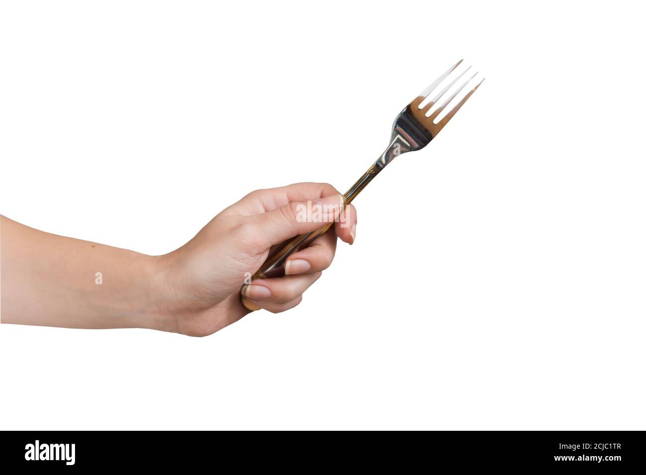woman hand holding fork isolated on white background. Eating gesture