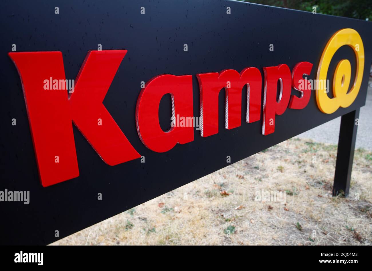 The logo of Germany's largest bakery chain Kamps is pictured outside a bakery shop in Dusseldorf, Germany, August 9, 2019.   REUTERS/Wolfgang Rattay Stock Photo