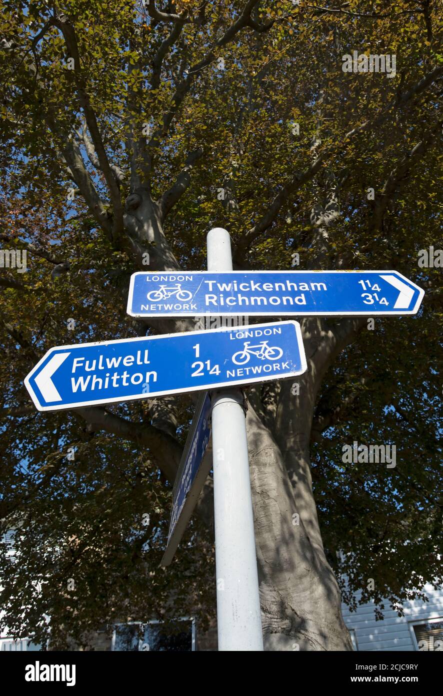 london cycle network sign in teddington, middlsex, england, giving directions to twickenham