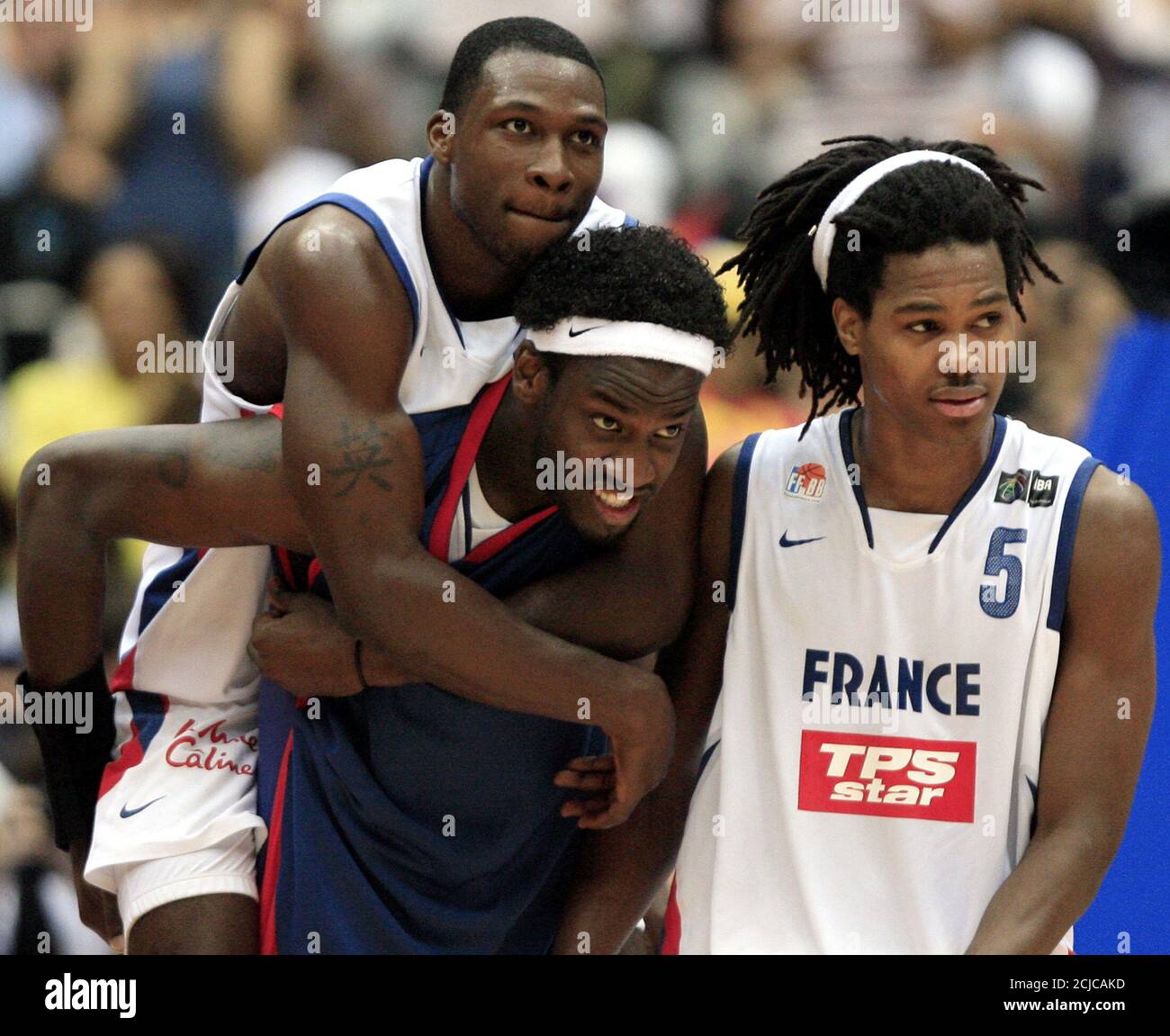 Mickael Gelabale (R), Johan Petro (C) and Florent Pietrus of France
